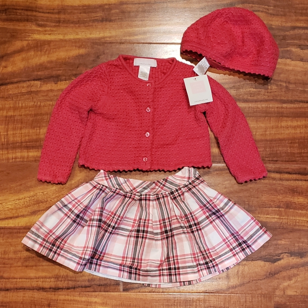 Janie and Jack NWT/EUC 12-18 months pointelle sweater, plaid skirt and beret